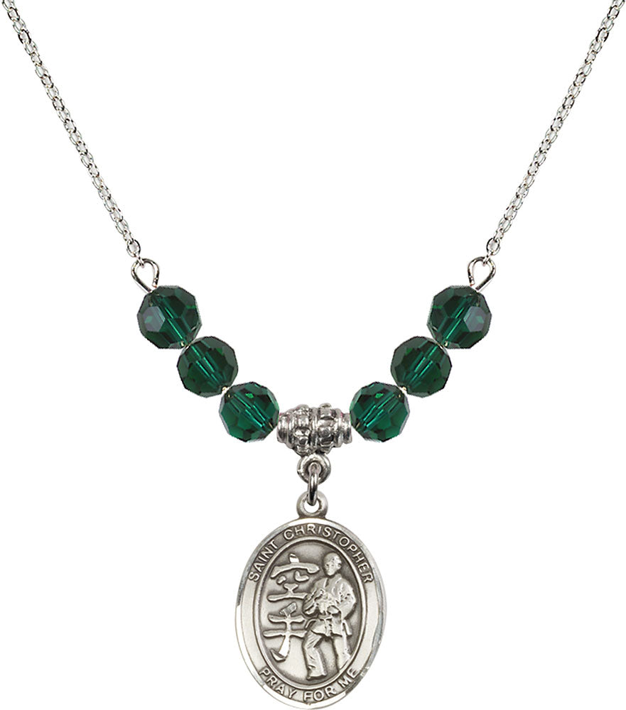 Sterling Silver Saint Christopher / Karate Birthstone Necklace with Emerald Beads - 8515