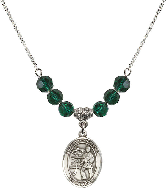 Sterling Silver Saint Christopher / Karate Birthstone Necklace with Emerald Beads - 8515