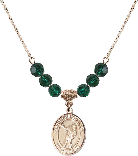14kt Gold Filled Saint Christopher/Lacrosse Birthstone Necklace with Emerald Beads - 8516