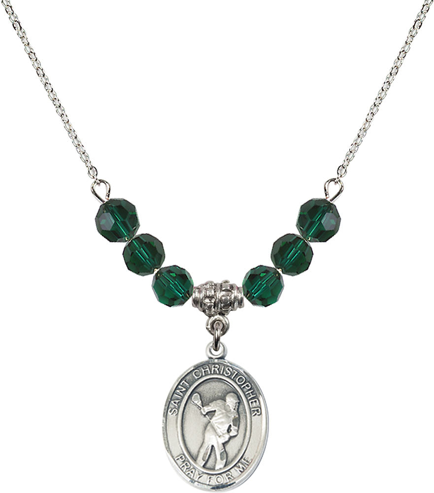 Sterling Silver Saint Christopher/Lacrosse Birthstone Necklace with Emerald Beads - 8516
