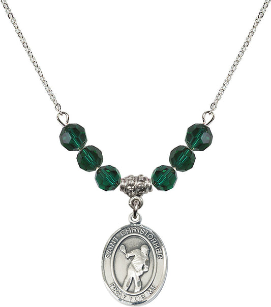 Sterling Silver Saint Christopher/Lacrosse Birthstone Necklace with Emerald Beads - 8516