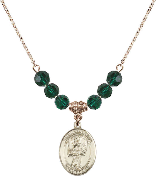 14kt Gold Filled Saint Sebastian / Baseball Birthstone Necklace with Emerald Beads - 8600