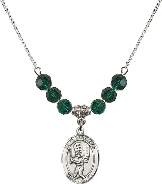 Sterling Silver Saint Sebastian / Baseball Birthstone Necklace with Emerald Beads - 8600