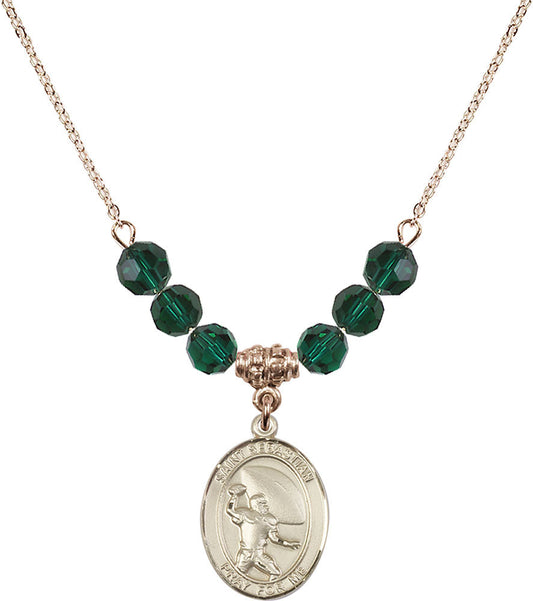 14kt Gold Filled Saint Sebastian / Football Birthstone Necklace with Emerald Beads - 8601