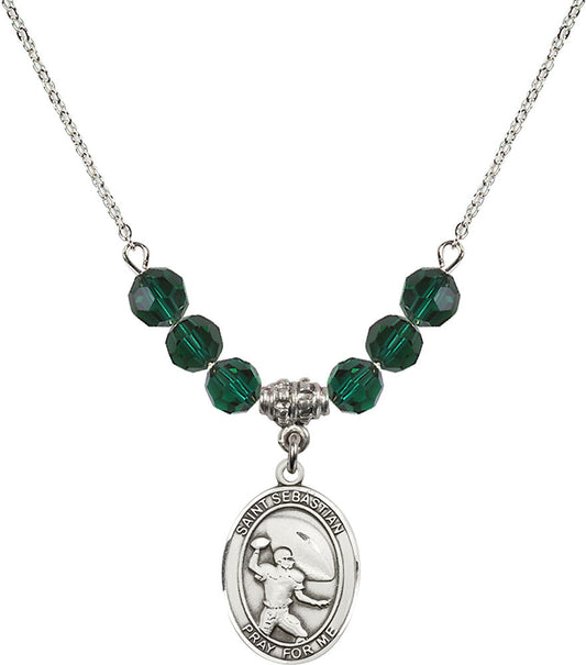 Sterling Silver Saint Sebastian / Football Birthstone Necklace with Emerald Beads - 8601