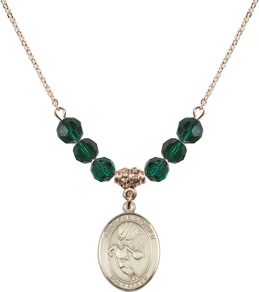 14kt Gold Filled Saint Sebastian/Basketball Birthstone Necklace with Emerald Beads - 8602