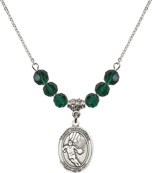 Sterling Silver Saint Sebastian/Basketball Birthstone Necklace with Emerald Beads - 8602