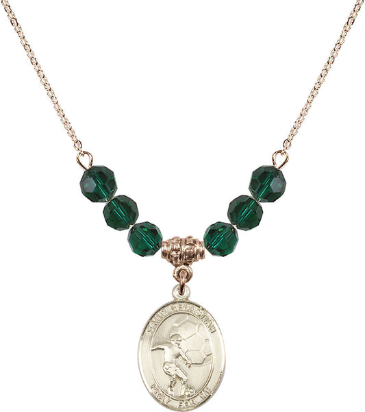 14kt Gold Filled Saint Sebastian / Soccer Birthstone Necklace with Emerald Beads - 8603