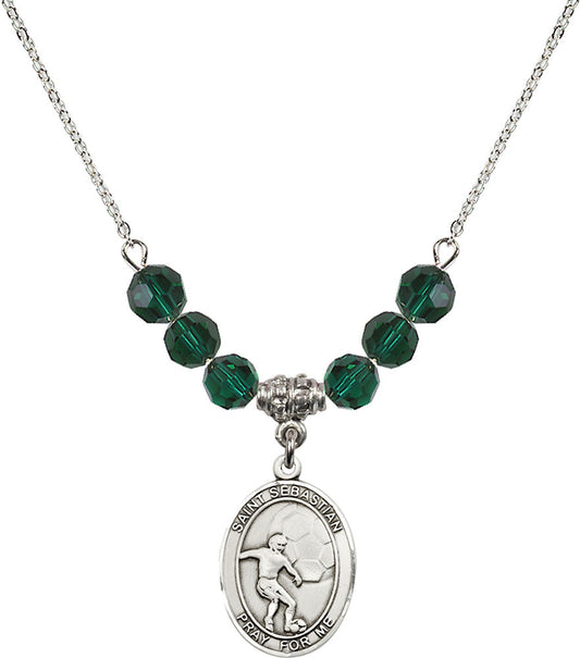Sterling Silver Saint Sebastian / Soccer Birthstone Necklace with Emerald Beads - 8603