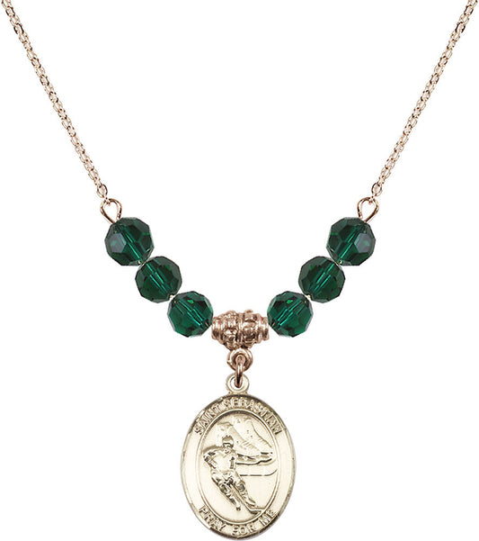14kt Gold Filled Saint Sebastian / Hockey Birthstone Necklace with Emerald Beads - 8604