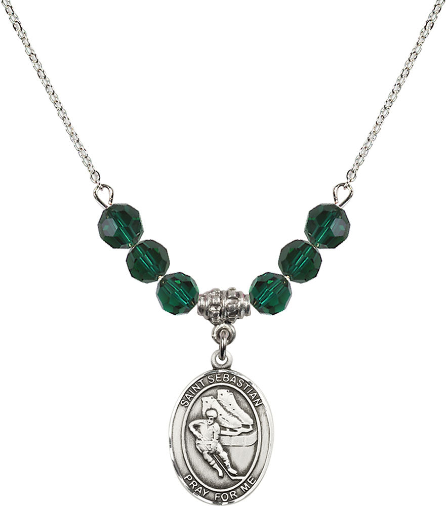 Sterling Silver Saint Sebastian / Hockey Birthstone Necklace with Emerald Beads - 8604