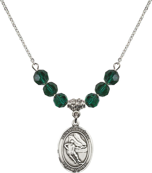 Sterling Silver Saint Sebastian / Hockey Birthstone Necklace with Emerald Beads - 8604