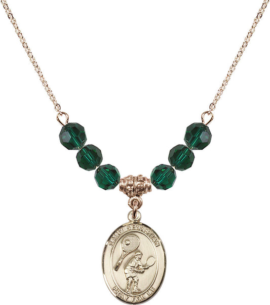 14kt Gold Filled Saint Sebastian / Tennis Birthstone Necklace with Emerald Beads - 8605