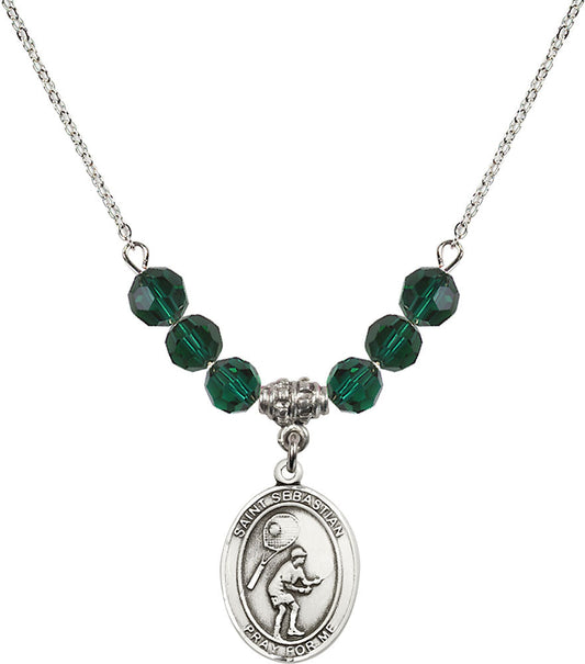 Sterling Silver Saint Sebastian / Tennis Birthstone Necklace with Emerald Beads - 8605