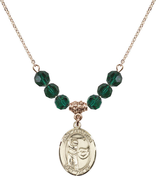 14kt Gold Filled Saint Sebastian / Golf Birthstone Necklace with Emerald Beads - 8606