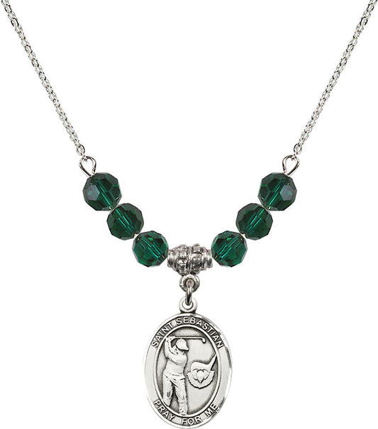 Sterling Silver Saint Sebastian / Golf Birthstone Necklace with Emerald Beads - 8606