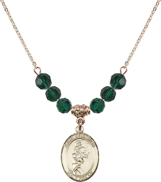 14kt Gold Filled Saint Sebastian/Softball Birthstone Necklace with Emerald Beads - 8607