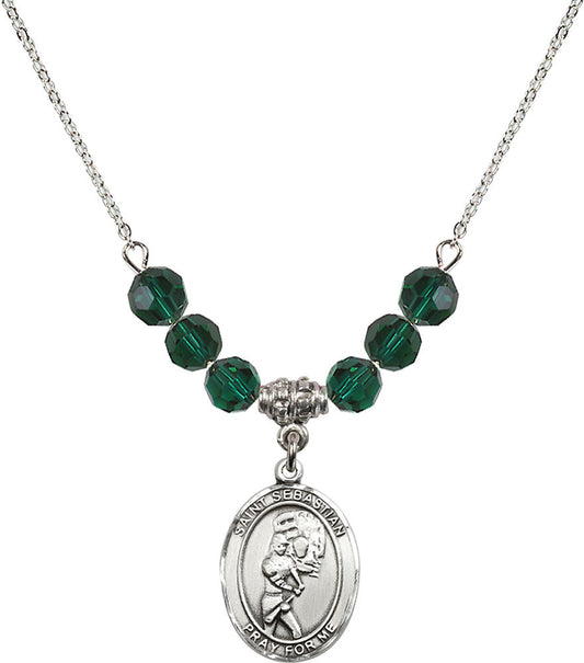 Sterling Silver Saint Sebastian/Softball Birthstone Necklace with Emerald Beads - 8607