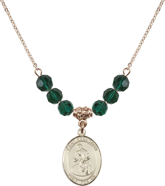 14kt Gold Filled Saint Sebastian/Wrestling Birthstone Necklace with Emerald Beads - 8608