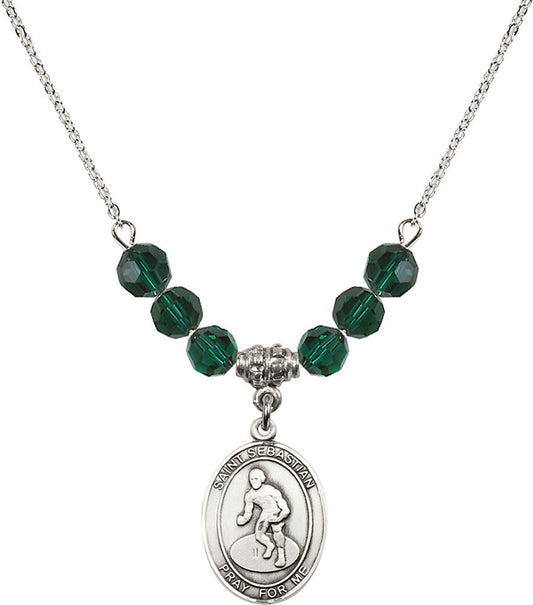 Sterling Silver Saint Sebastian/Wrestling Birthstone Necklace with Emerald Beads - 8608
