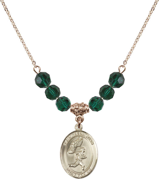 14kt Gold Filled Saint Sebastian /Track&Field-Men Birthstone Necklace with Emerald Beads - 8609