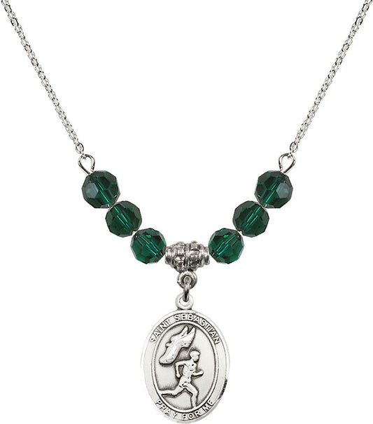 Sterling Silver Saint Sebastian /Track&Field-Men Birthstone Necklace with Emerald Beads - 8609