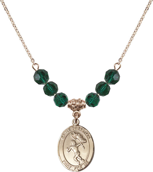 14kt Gold Filled Saint Sebastian /Track&Field-Women Birthstone Necklace with Emerald Beads - 8610