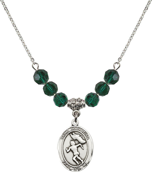 Sterling Silver Saint Sebastian /Track&Field-Women Birthstone Necklace with Emerald Beads - 8610