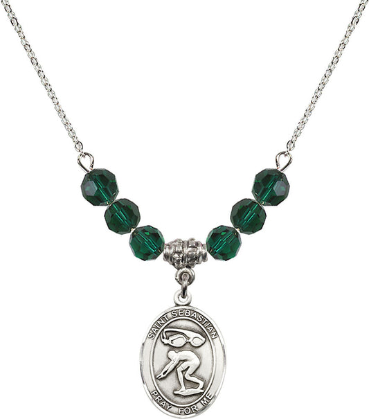Sterling Silver Saint Sebastian/Swimming Birthstone Necklace with Emerald Beads - 8611