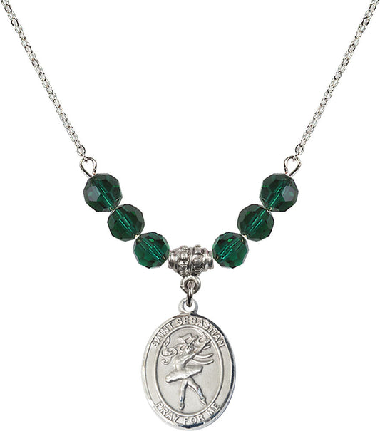 Sterling Silver Saint Sebastian / Dance Birthstone Necklace with Emerald Beads - 8612