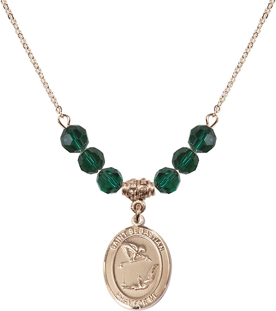14kt Gold Filled Saint Sebastian/Gymnastics Birthstone Necklace with Emerald Beads - 8613