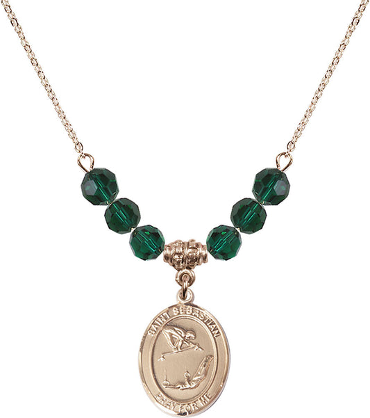 14kt Gold Filled Saint Sebastian/Gymnastics Birthstone Necklace with Emerald Beads - 8613