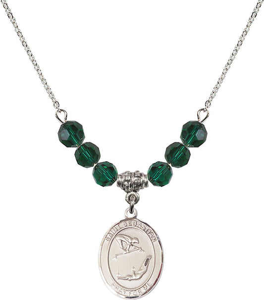 Sterling Silver Saint Sebastian/Gymnastics Birthstone Necklace with Emerald Beads - 8613