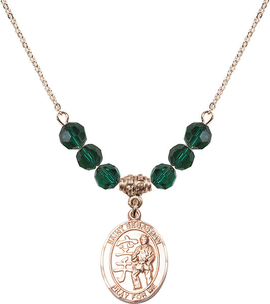 14kt Gold Filled Saint Sebastian/Karate Birthstone Necklace with Emerald Beads - 8615