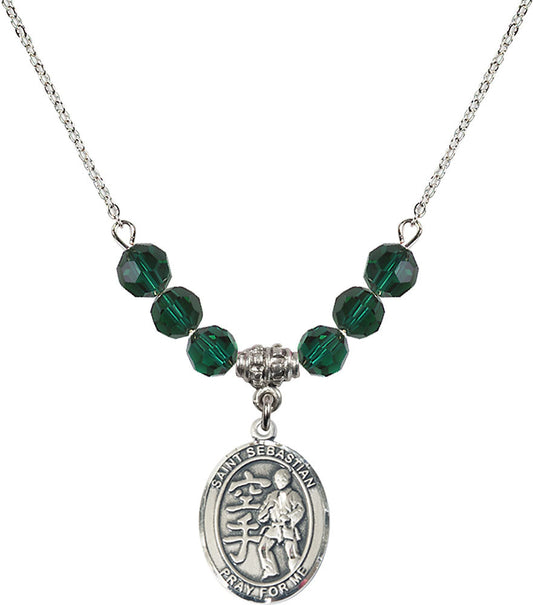 Sterling Silver Saint Sebastian/Karate Birthstone Necklace with Emerald Beads - 8615