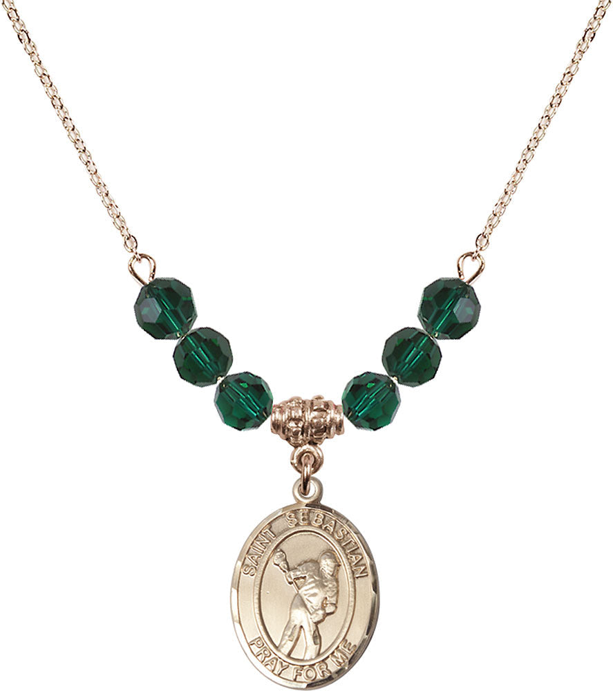14kt Gold Filled Saint Sebastian/Lacrosse Birthstone Necklace with Emerald Beads - 8616