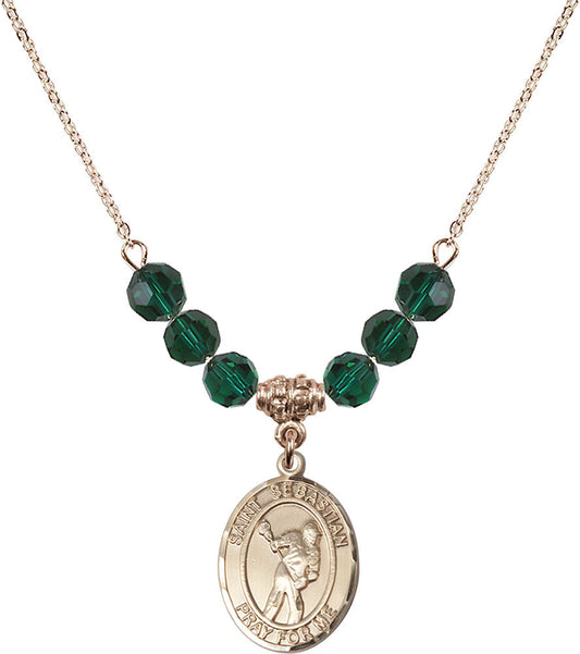 14kt Gold Filled Saint Sebastian/Lacrosse Birthstone Necklace with Emerald Beads - 8616