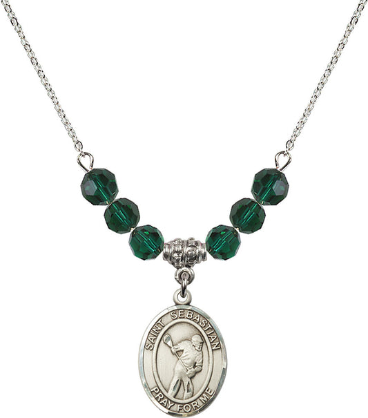 Sterling Silver Saint Sebastian/Lacrosse Birthstone Necklace with Emerald Beads - 8616
