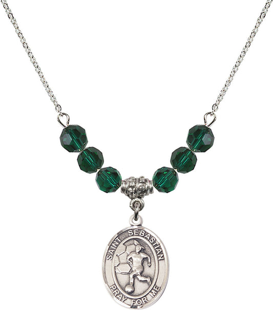 Sterling Silver Saint Sebastian/Soccer-Women Birthstone Necklace with Emerald Beads - 8617