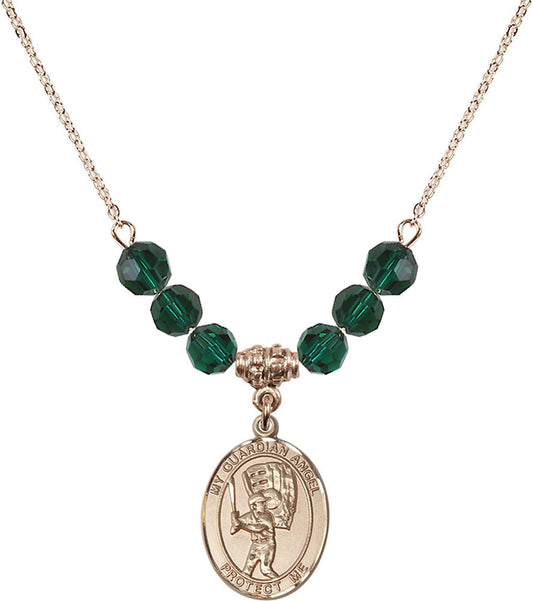 14kt Gold Filled Guardian Angel/Baseball Birthstone Necklace with Emerald Beads - 8700