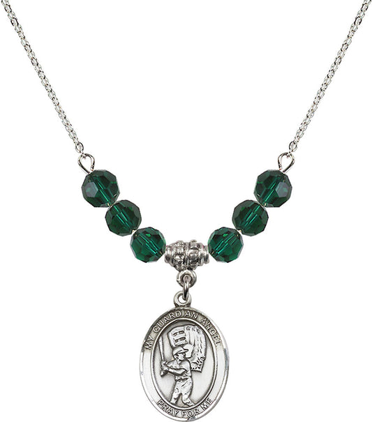 Sterling Silver Guardian Angel/Baseball Birthstone Necklace with Emerald Beads - 8700
