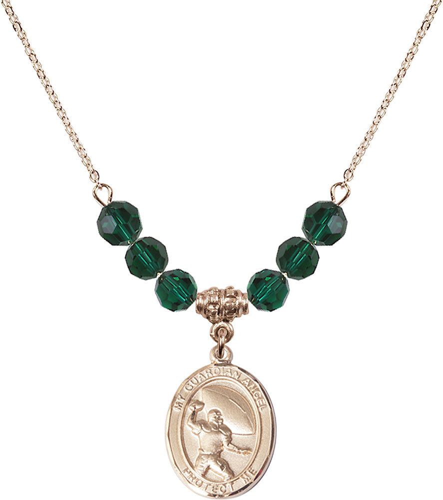14kt Gold Filled Guardian Angel/Football Birthstone Necklace with Emerald Beads - 8701