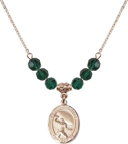 14kt Gold Filled Guardian Angel/Football Birthstone Necklace with Emerald Beads - 8701
