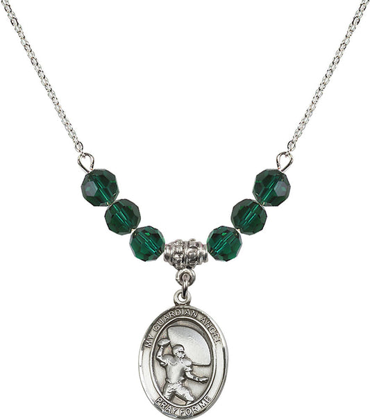 Sterling Silver Guardian Angel/Football Birthstone Necklace with Emerald Beads - 8701