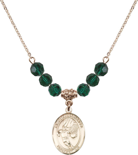 14kt Gold Filled Guardian Angel/Basketball Birthstone Necklace with Emerald Beads - 8702