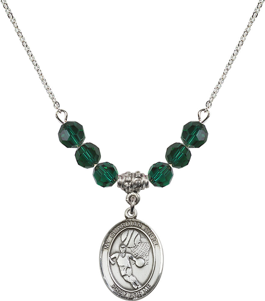 Sterling Silver Guardian Angel/Basketball Birthstone Necklace with Emerald Beads - 8702
