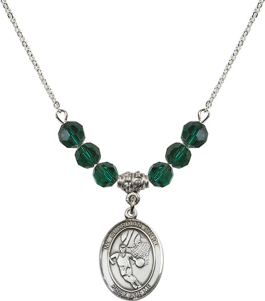 Sterling Silver Guardian Angel/Basketball Birthstone Necklace with Emerald Beads - 8702