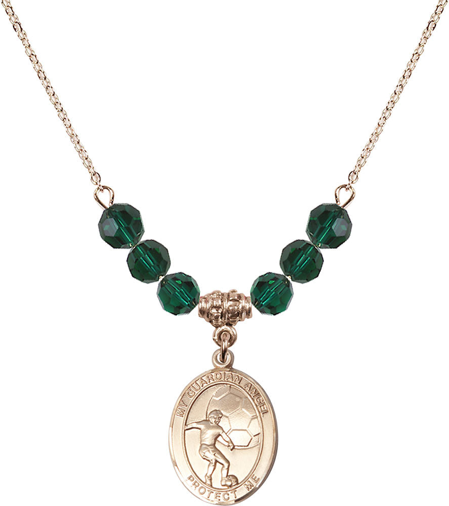 14kt Gold Filled Guardian Angel/Soccer Birthstone Necklace with Emerald Beads - 8703
