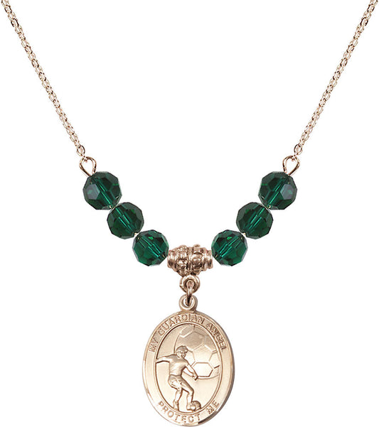 14kt Gold Filled Guardian Angel/Soccer Birthstone Necklace with Emerald Beads - 8703