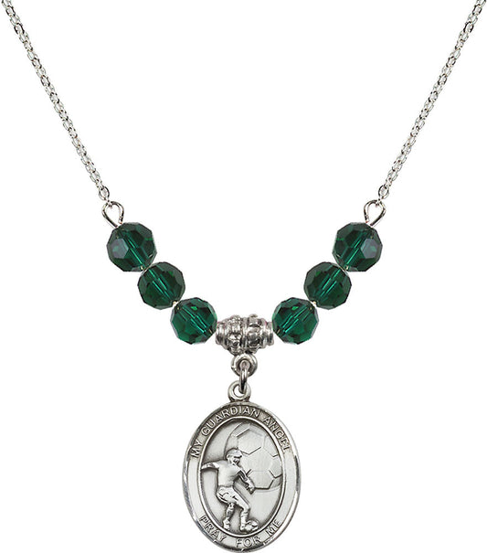 Sterling Silver Guardian Angel/Soccer Birthstone Necklace with Emerald Beads - 8703